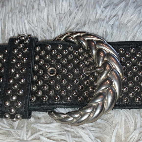 Leather Belt Black with Silver Beads and Large Silver Braided Buckle size small - Picture 2 of 9